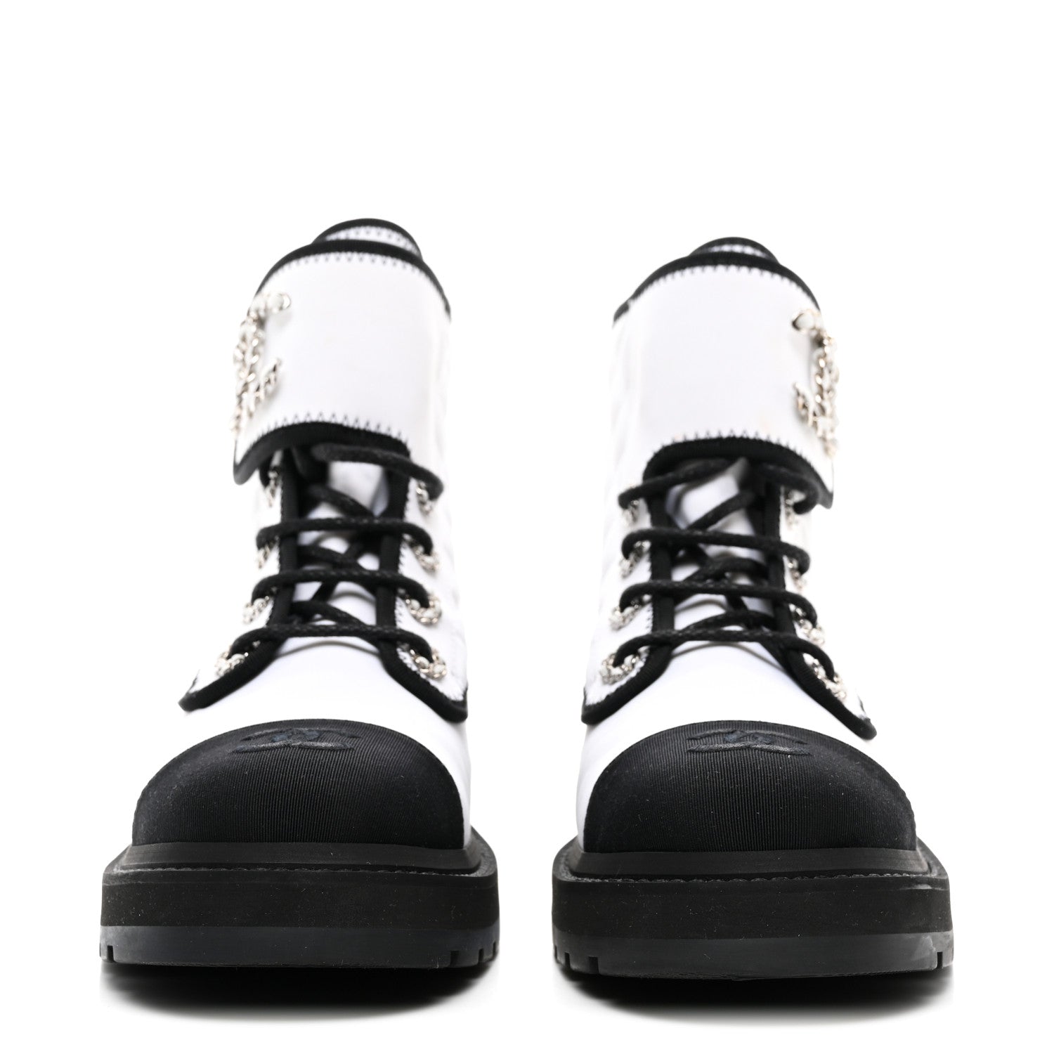 Chanel Fabric Grosgrain Quilted Cap Toe Lace Up Combat Boots 38.5 White Black 2 of 9