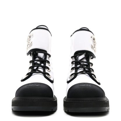 Chanel Fabric Grosgrain Quilted Cap Toe Lace Up Combat Boots 38.5 White Black 2 of 9