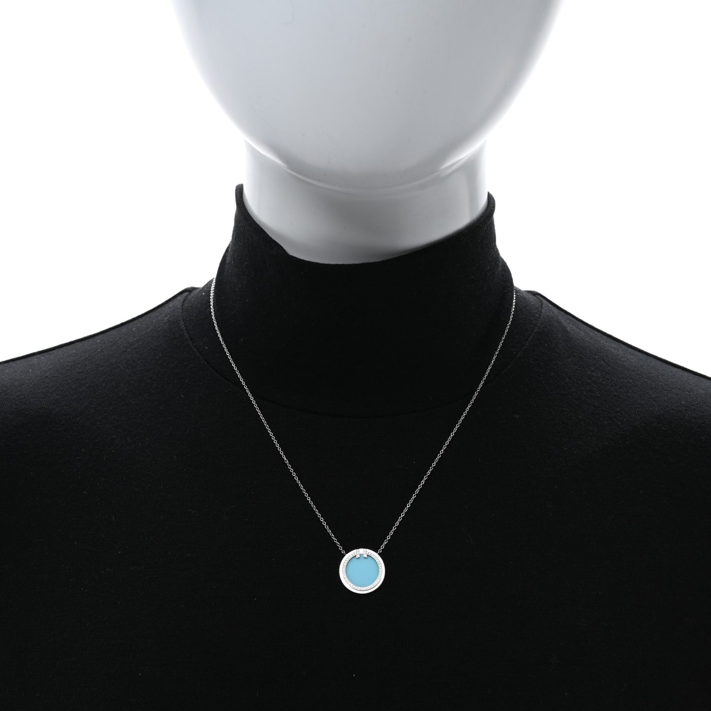 18K White Gold Diamond Turquoise T Circle Pendant Necklace