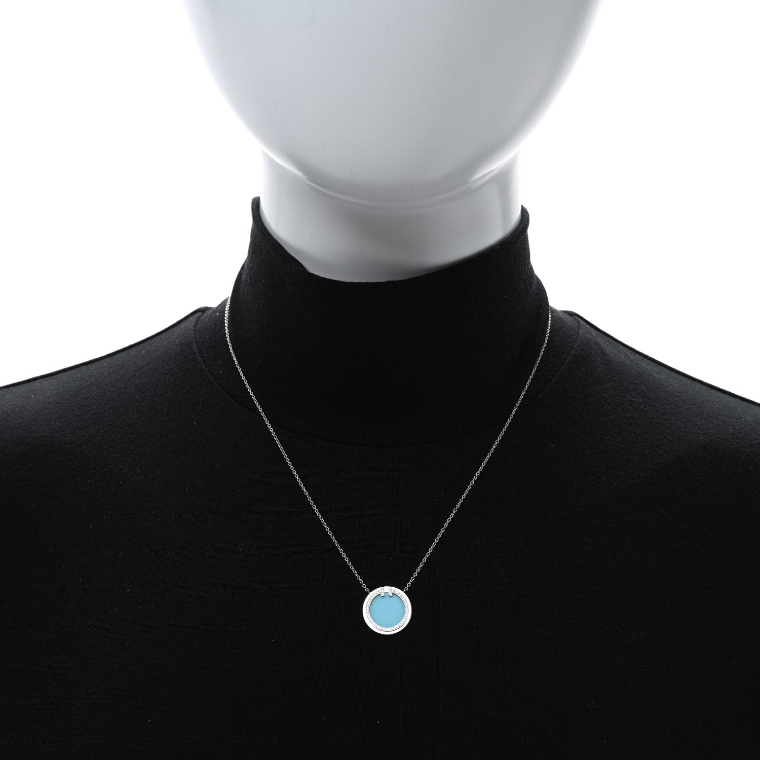 Tiffany 18K White Gold Diamond Turquoise T Circle Pendant Necklace 2 of 5