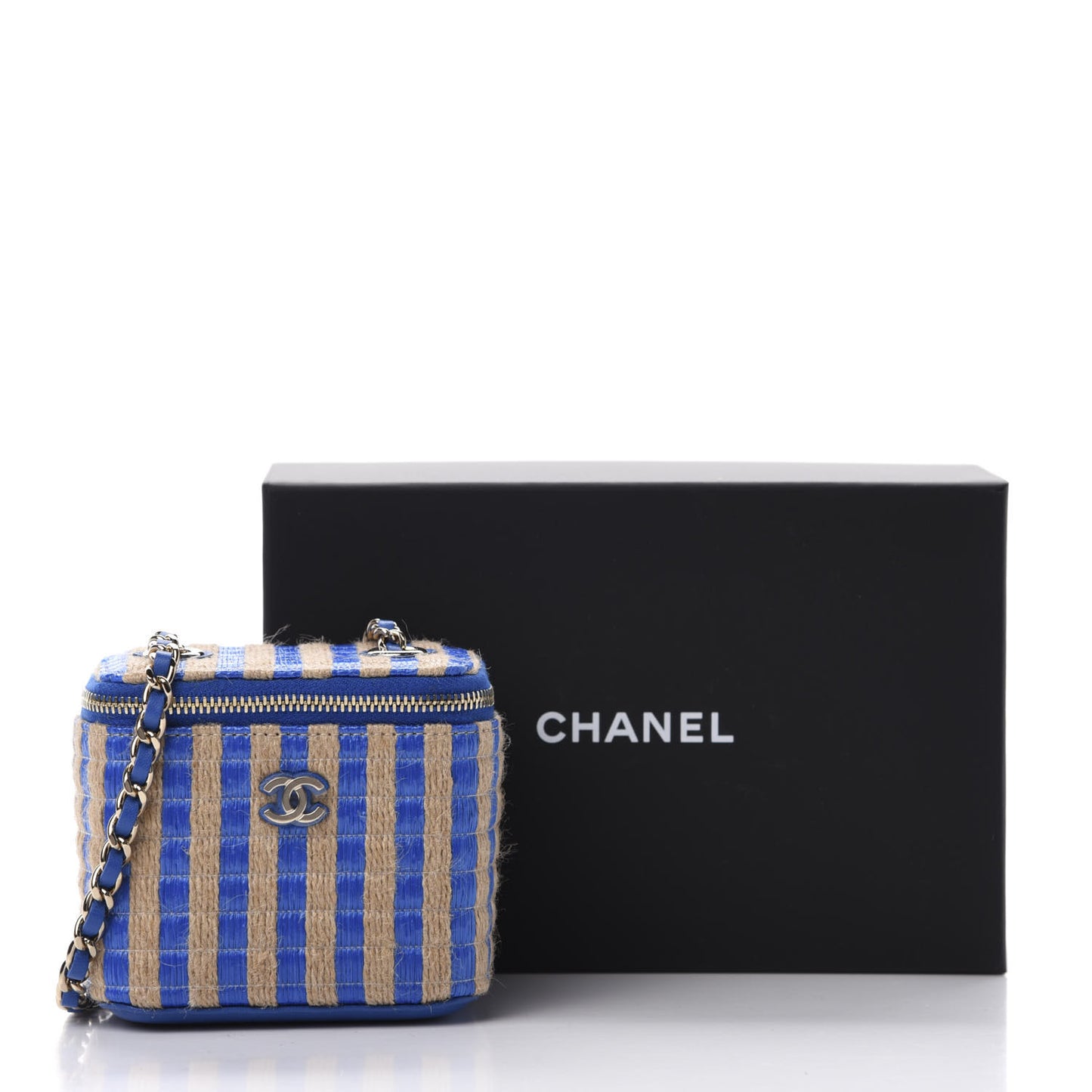 Raffia Jute Striped Mini Vanity Case With Chain Blue Beige