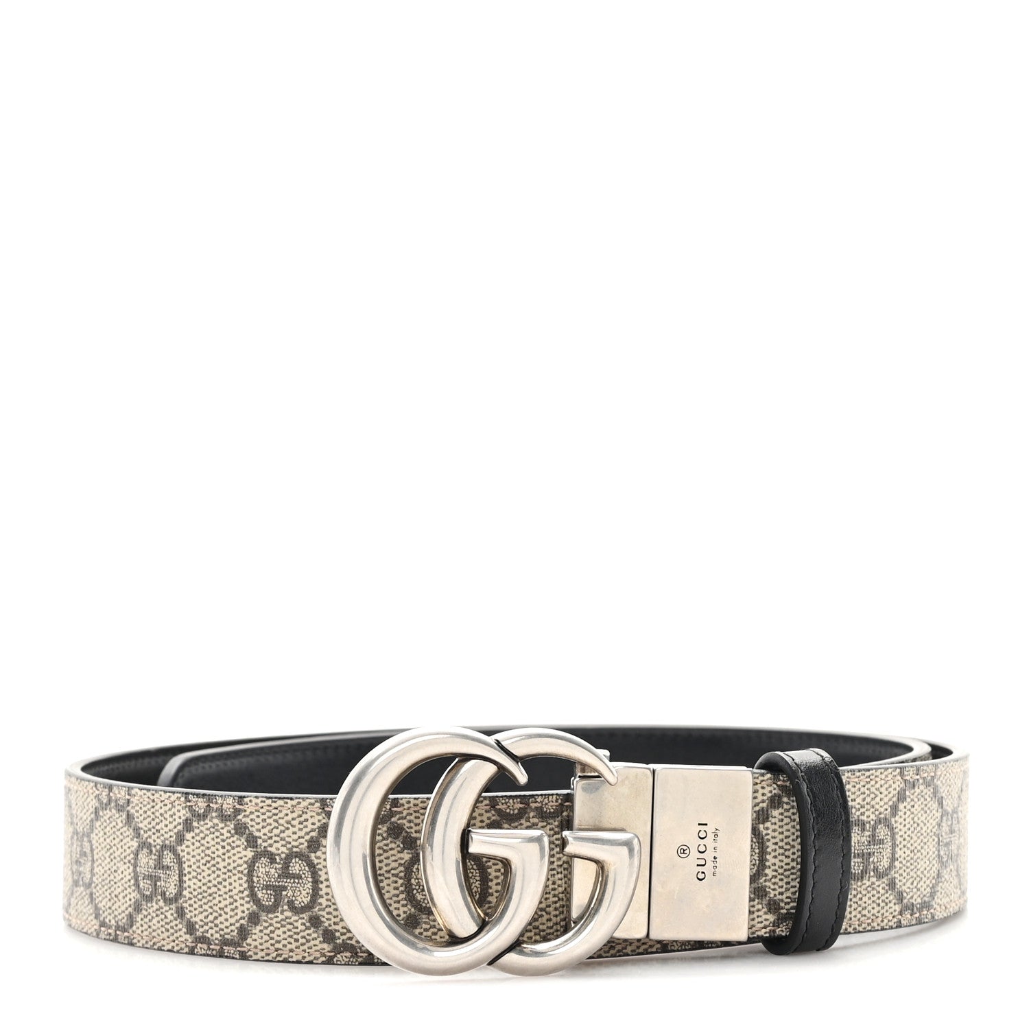 Gucci GG Supreme Monogram Plutone Calfskin Palladium Double G Reversible 30mm Belt 80 32 Beige Ebony Black 1 of 5