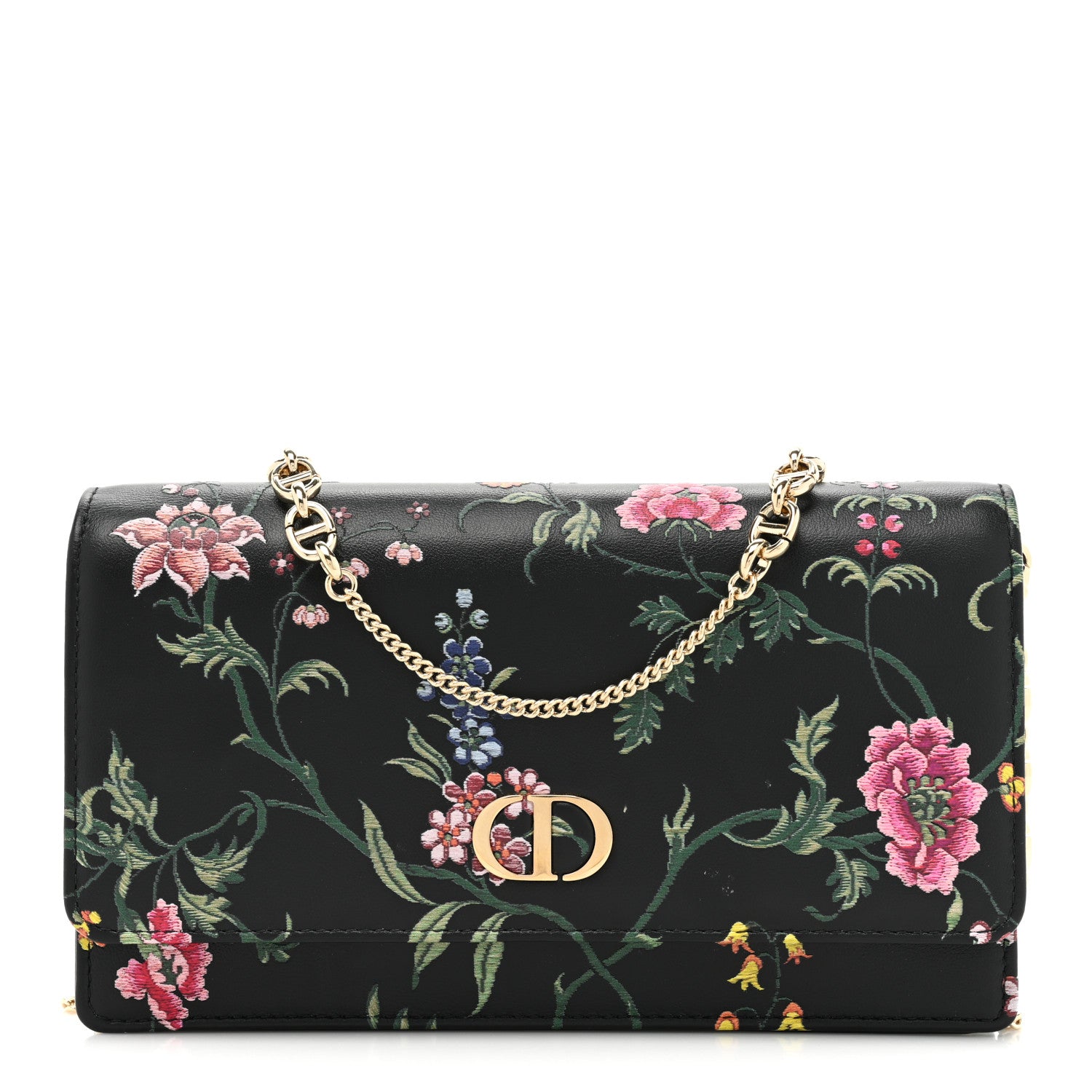 Christian Dior Calfskin Petites Fleurs Print Caro Pouch With Chain Black Multicolor 1 of 12