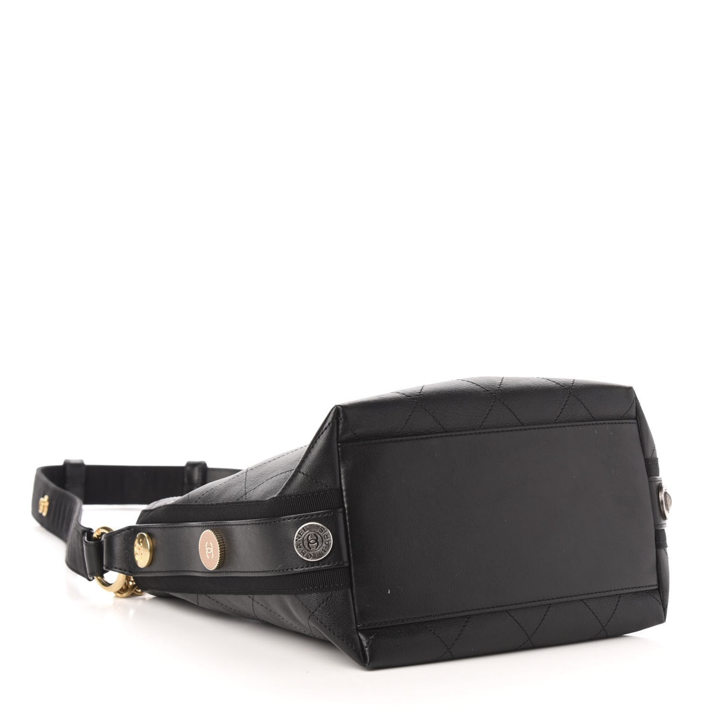 Calfskin Stitched Button Up Hobo Black