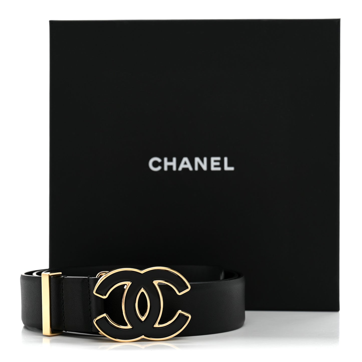 Calfskin Metal Enamel CC Belt 95 38 Black Golden