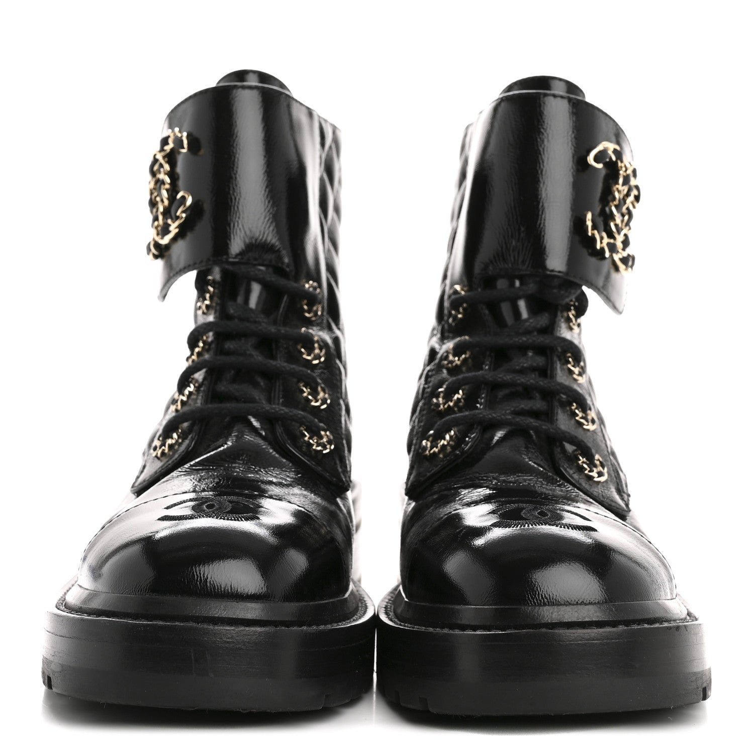 Chanel Shiny Goatskin Calfskin Quilted Lace Up Combat Boots 36.5