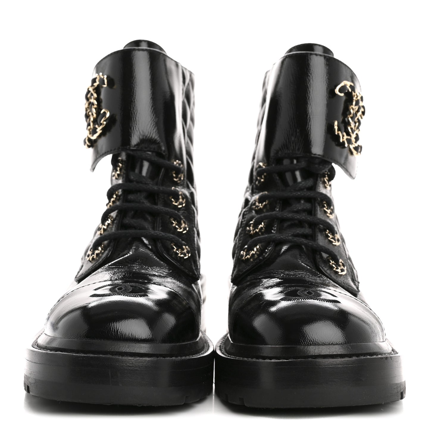 Shiny Goatskin Calfskin Quilted Lace Up Combat Boots 36.5 Black