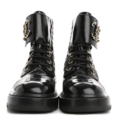Chanel Shiny Goatskin Calfskin Quilted Lace Up Combat Boots 36.5 Black 3 of 9
