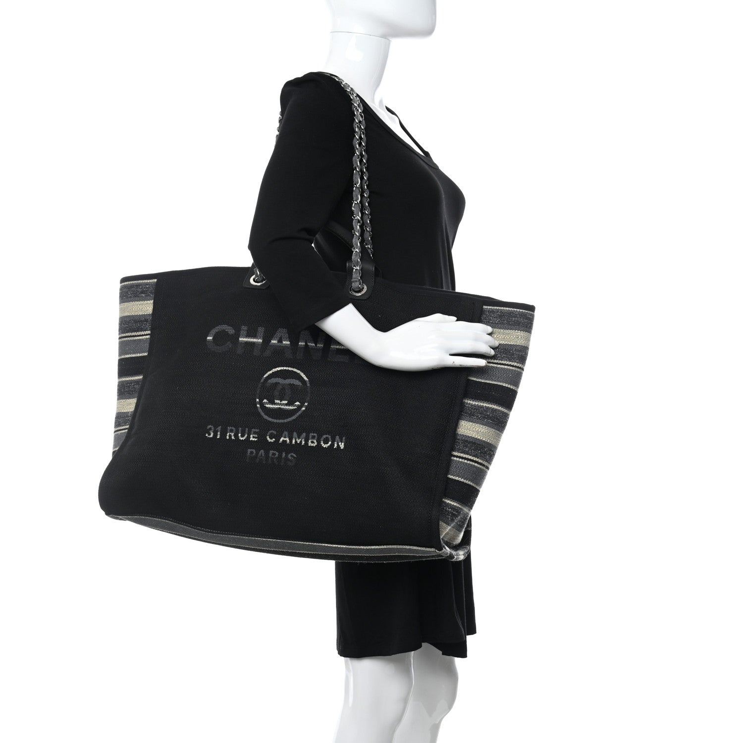 Chanel Canvas Striped Extra Large Deauville Tote Black Grey 2 of 10