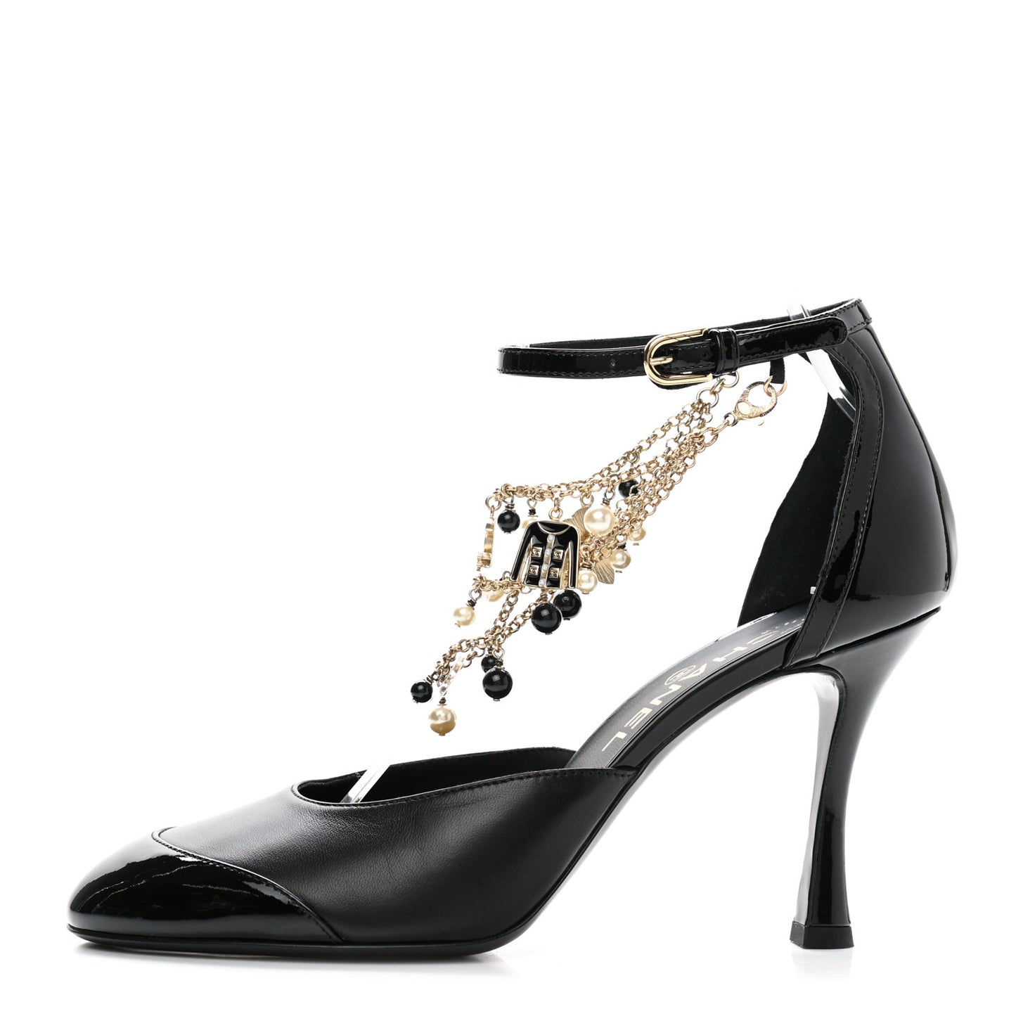 Patent Cap Toe Chain Ankle Strap Pumps 39 Black