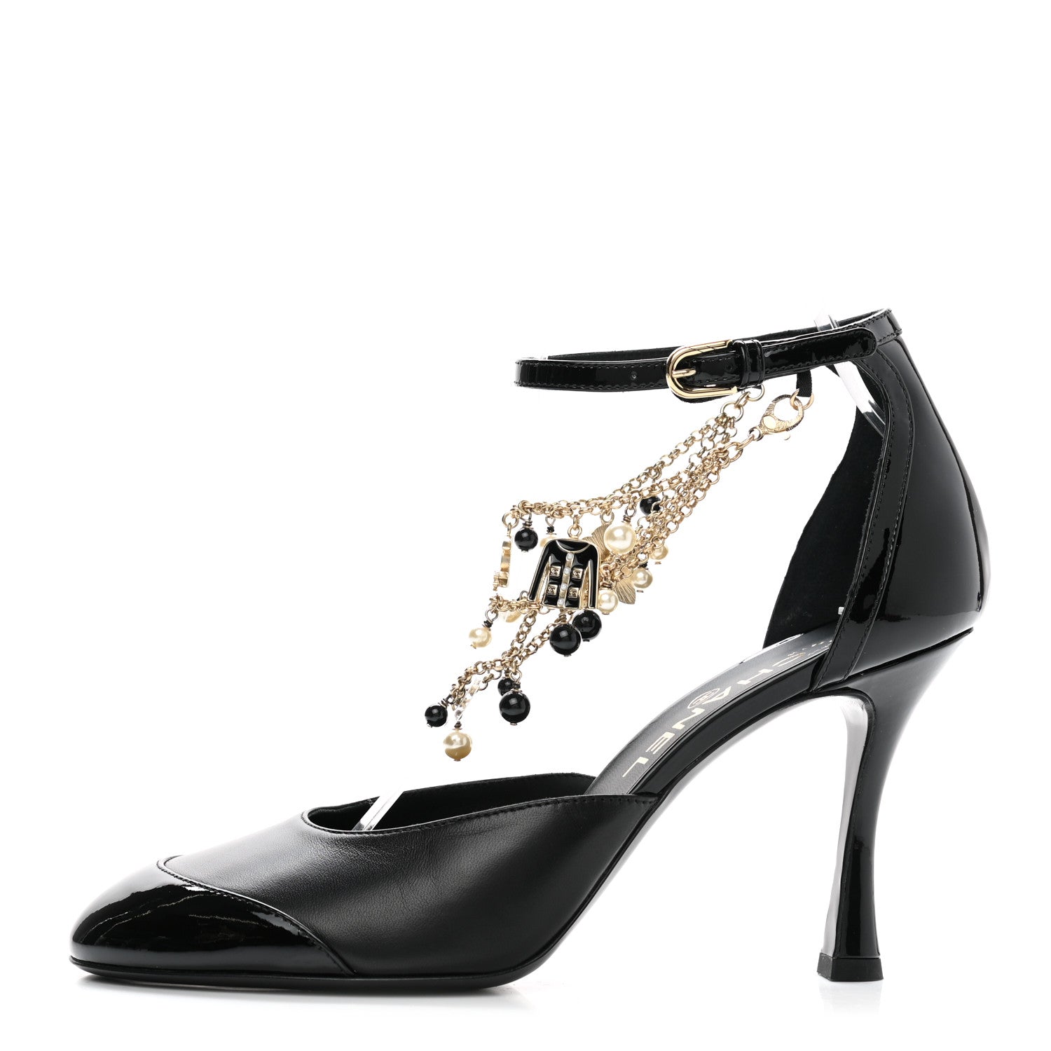 Chanel Patent Cap Toe Chain Ankle Strap Pumps 39 Black 1 of 8