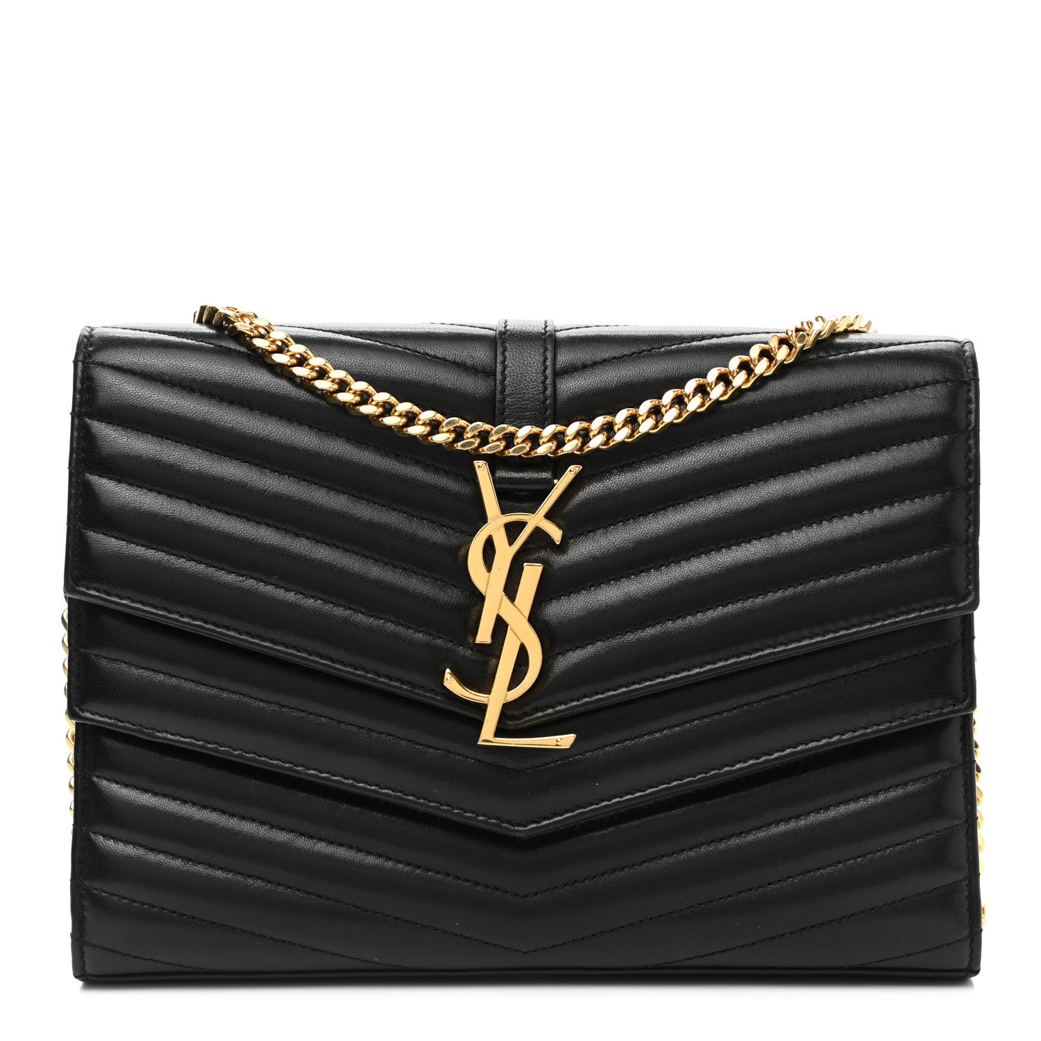Saint Laurent Lambskin Matelasse Chevron Monogram Sulpice Chain Wallet Black 1 of 13