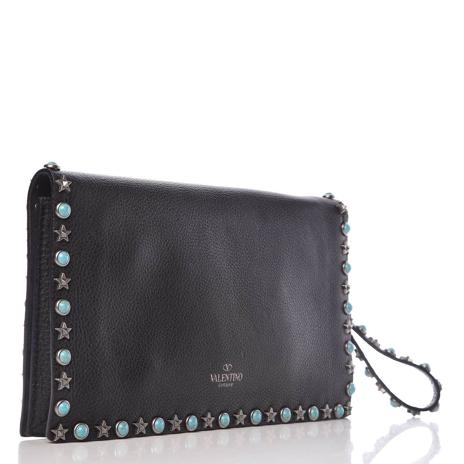 Valentino Garavani Pebbled Calfskin Star Rockstud Rolling Wristlet Clutch Black 3 of 11