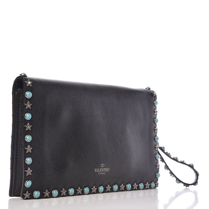 Valentino Garavani Pebbled Calfskin Star Rockstud Rolling Wristlet Clutch Black 3 of 11
