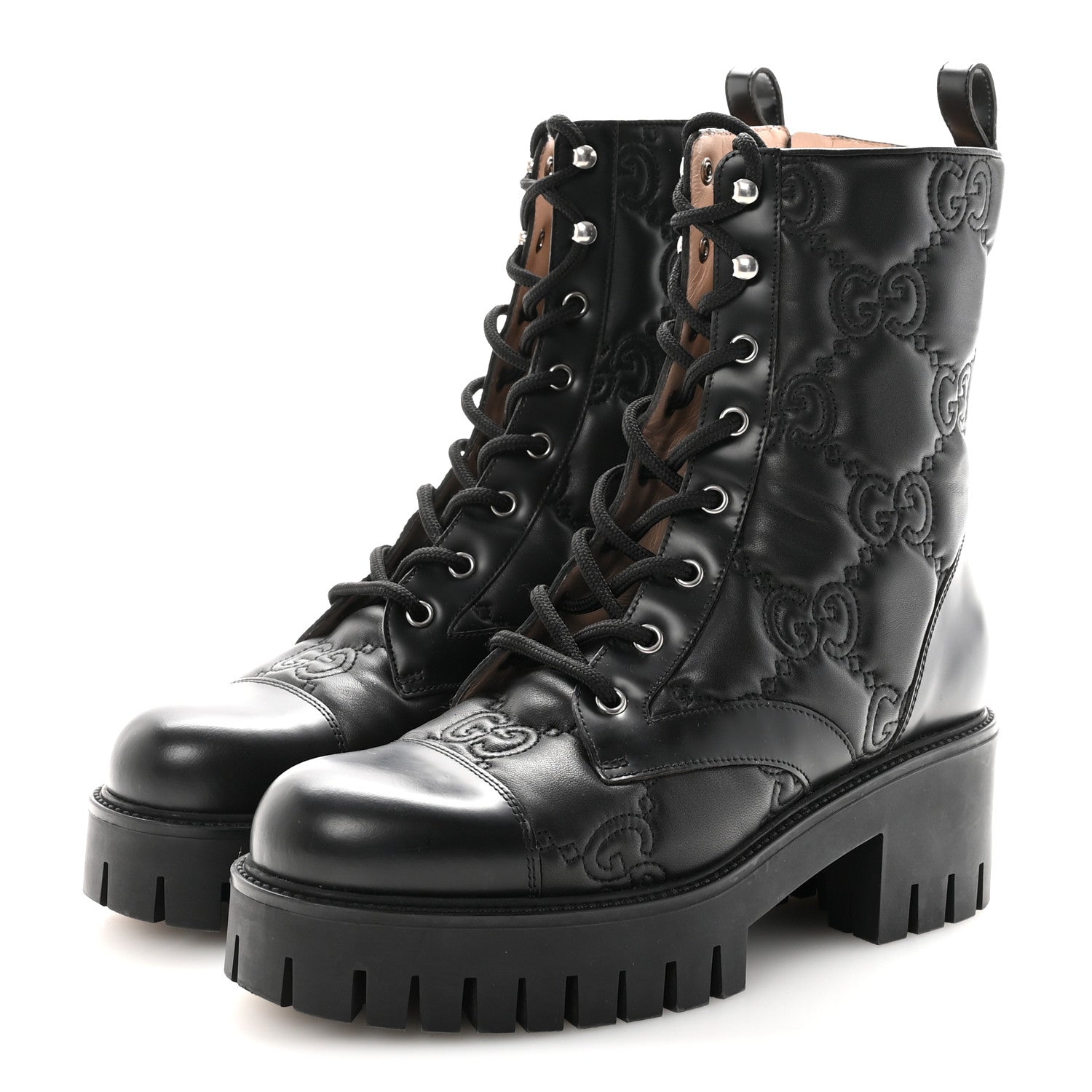 Gucci Cordovan Lux Nappa GG Matelasse Lace Up 60mm Combat Boots 40.5 Black 4 of 9