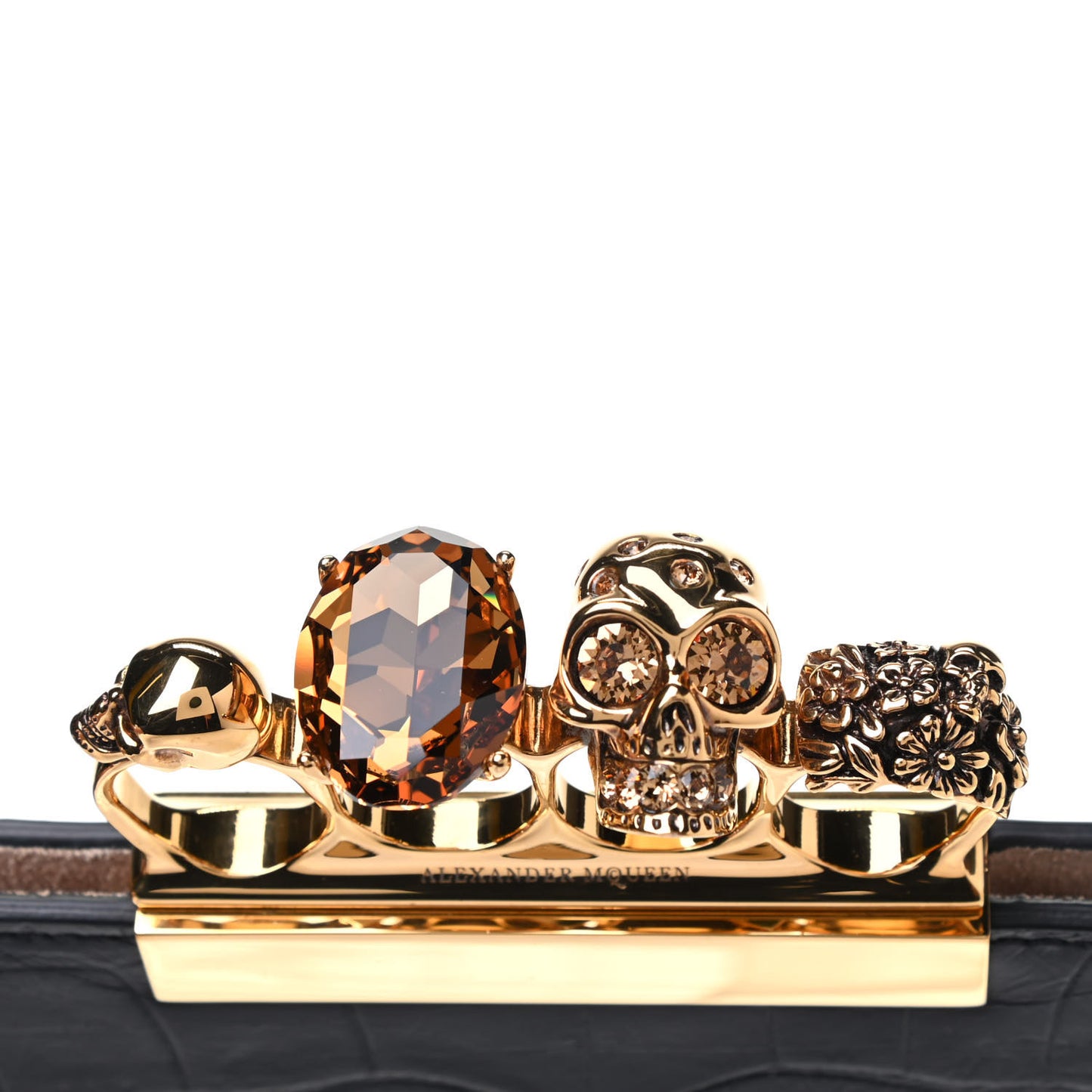 Calfskin Crocodile Embossed Knuckle Flat Clutch Black Gold