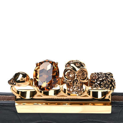 Alexander McQueen Calfskin Crocodile Embossed Knuckle Flat Clutch Black Gold 8 of 9