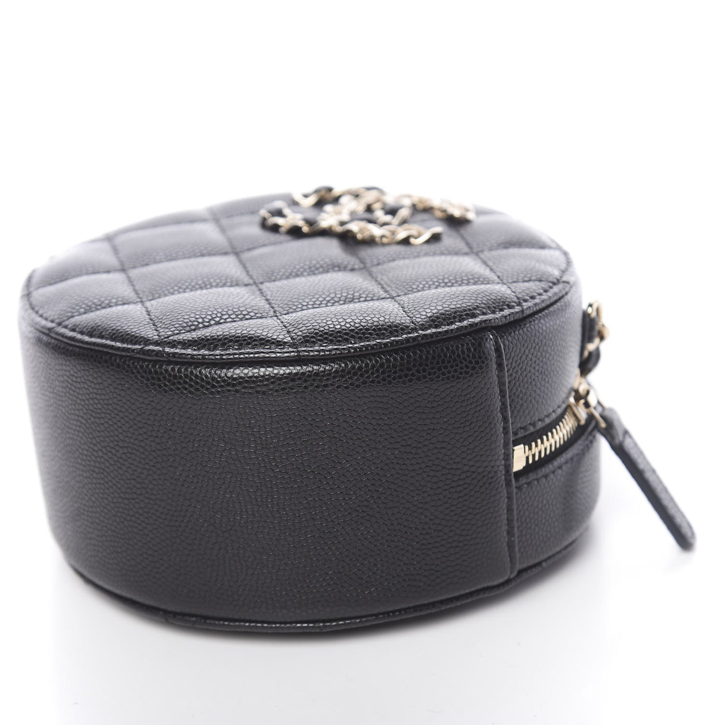 Caviar Quilted French New Wave Round Clutch With Chain Black