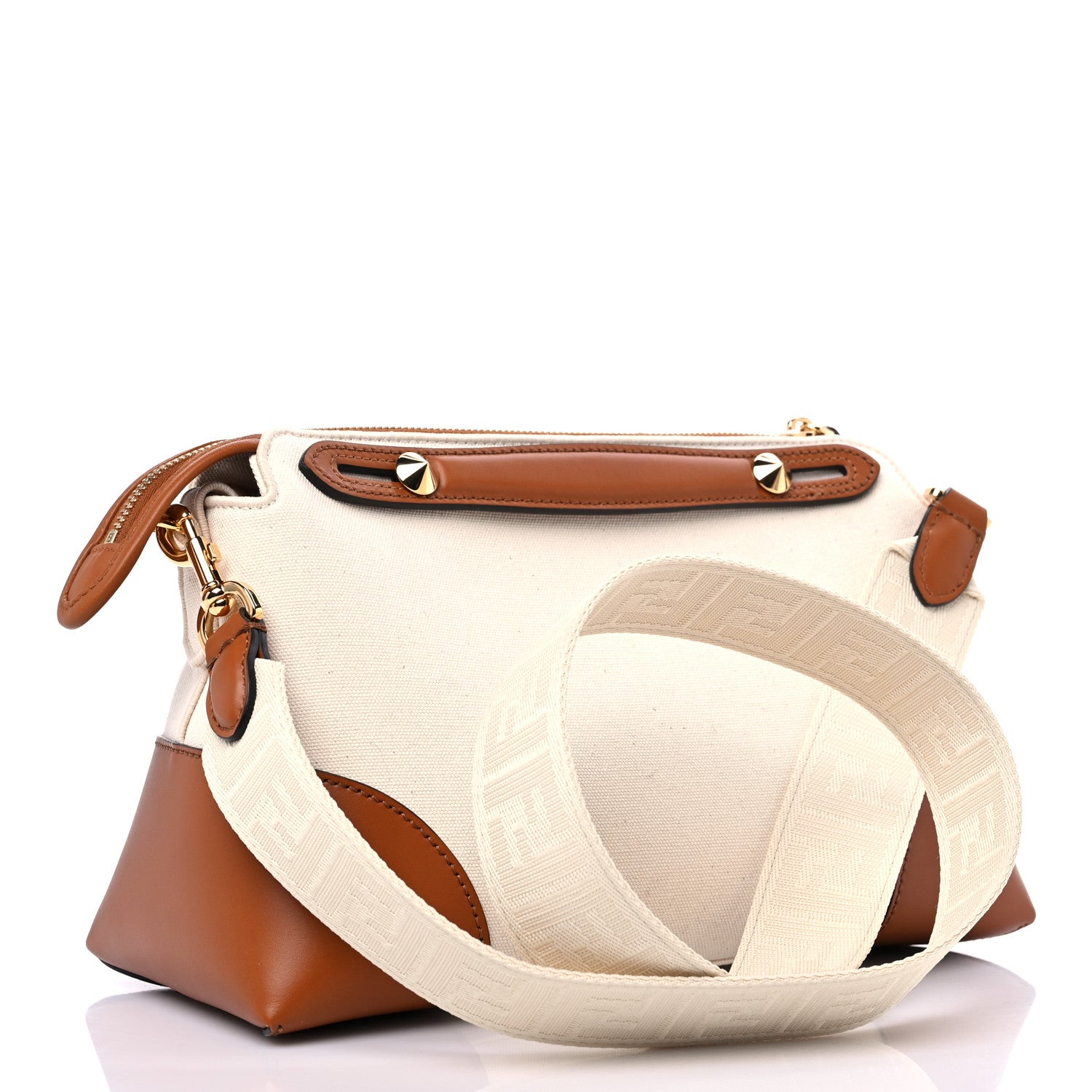 Fendi Canvas Vitello Logo Ajour Embroidered Medium By The Way Boston Bag Grezzo Cuoio 3 of 11