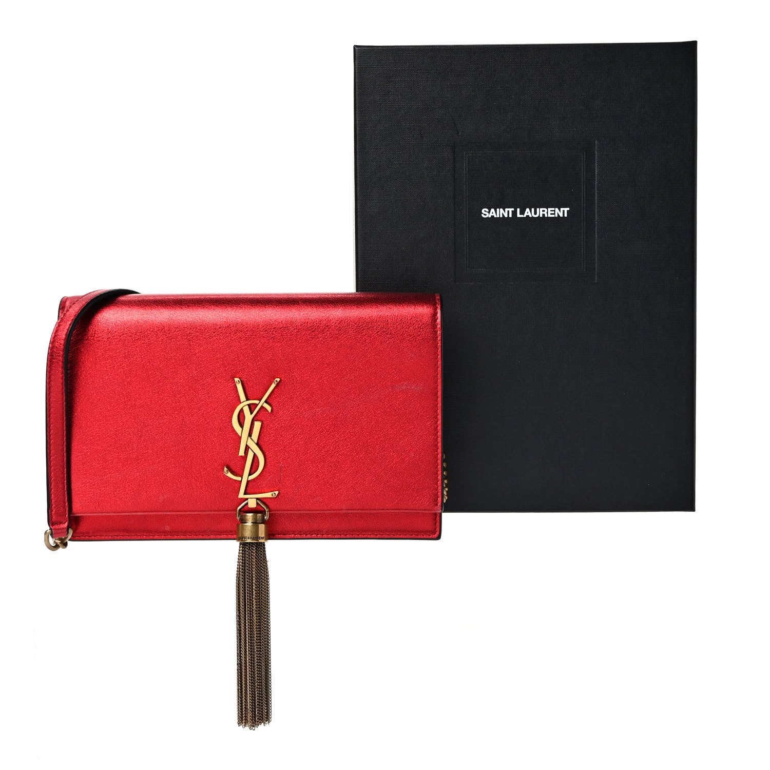 Saint Laurent Metallic Calfskin Classic Monogram Kate Tassel Chain Wallet Red 10 of 10
