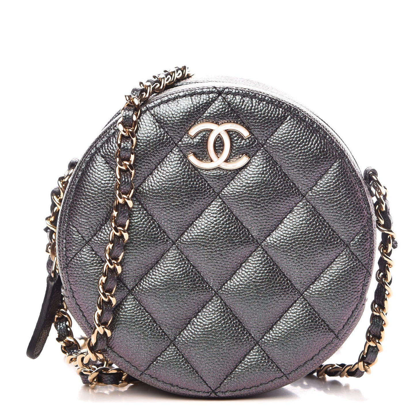 Iridescent Caviar Quilted Round Clutch With Chain Black