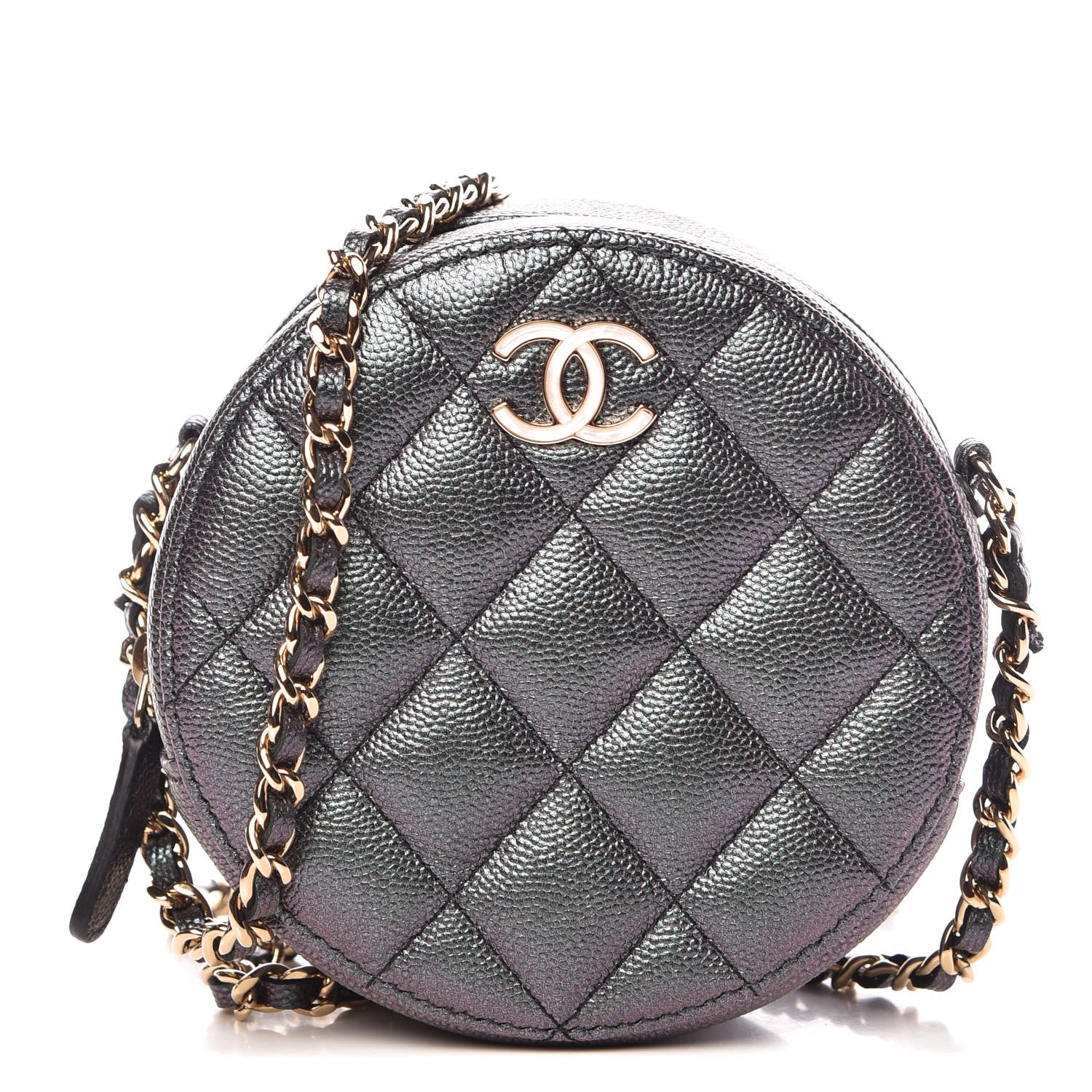 Chanel Iridescent Caviar Quilted Round Clutch With Chain Black 1 of 8