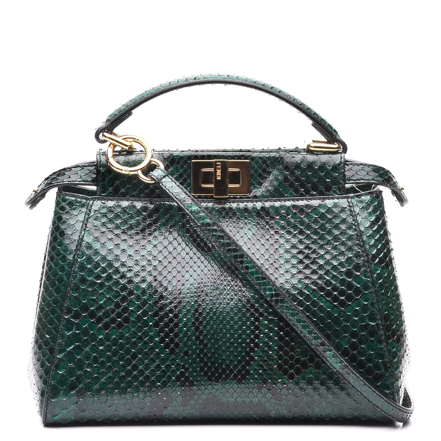 Fendi Snakeskin Shiny Nappa Mini Peekaboo Iconic Satchel Green 1 of 11