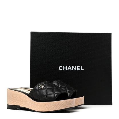 Chanel Lambskin Quilted CC Slip On Platform Sandals 38 Black 10 of 10