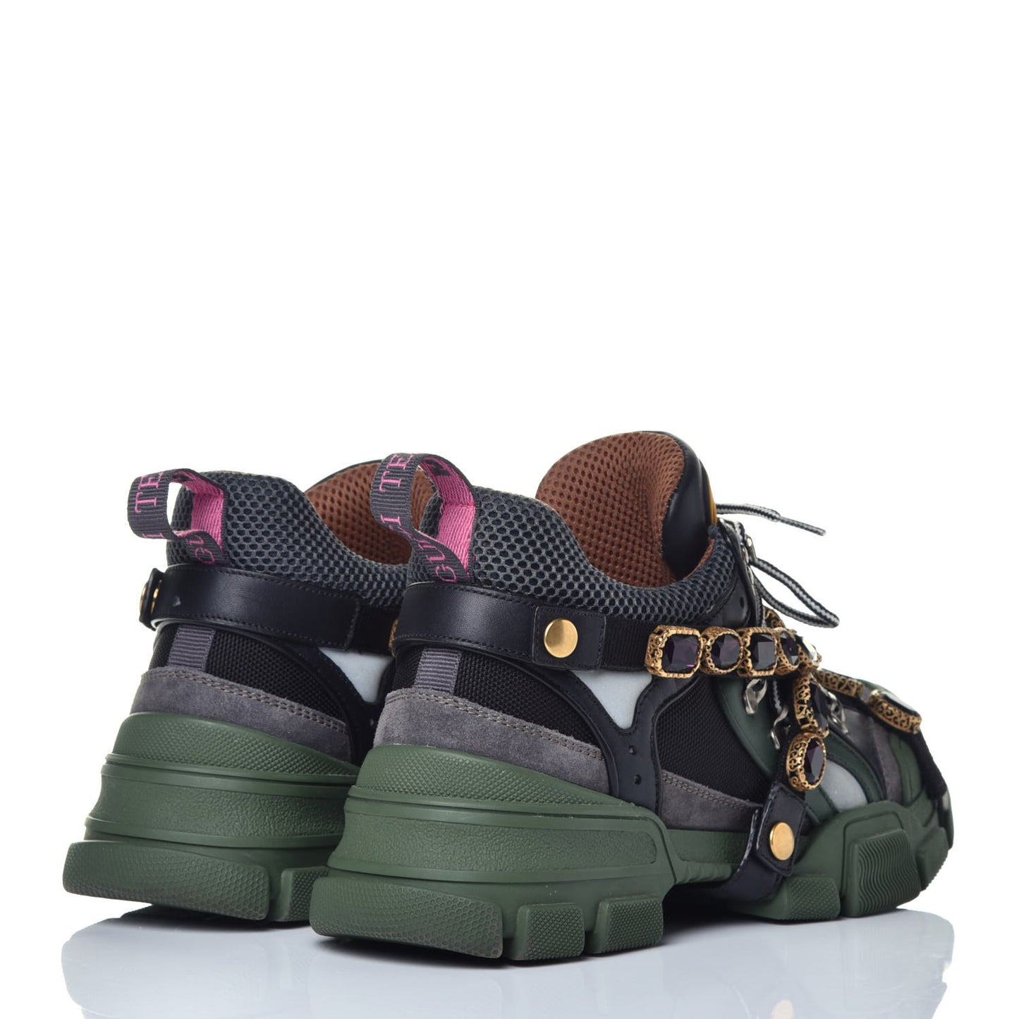 X SEGA Mesh Suede Calfskin Removable Crystals Flashtrek Sneakers 41 Loess Black Olive Green