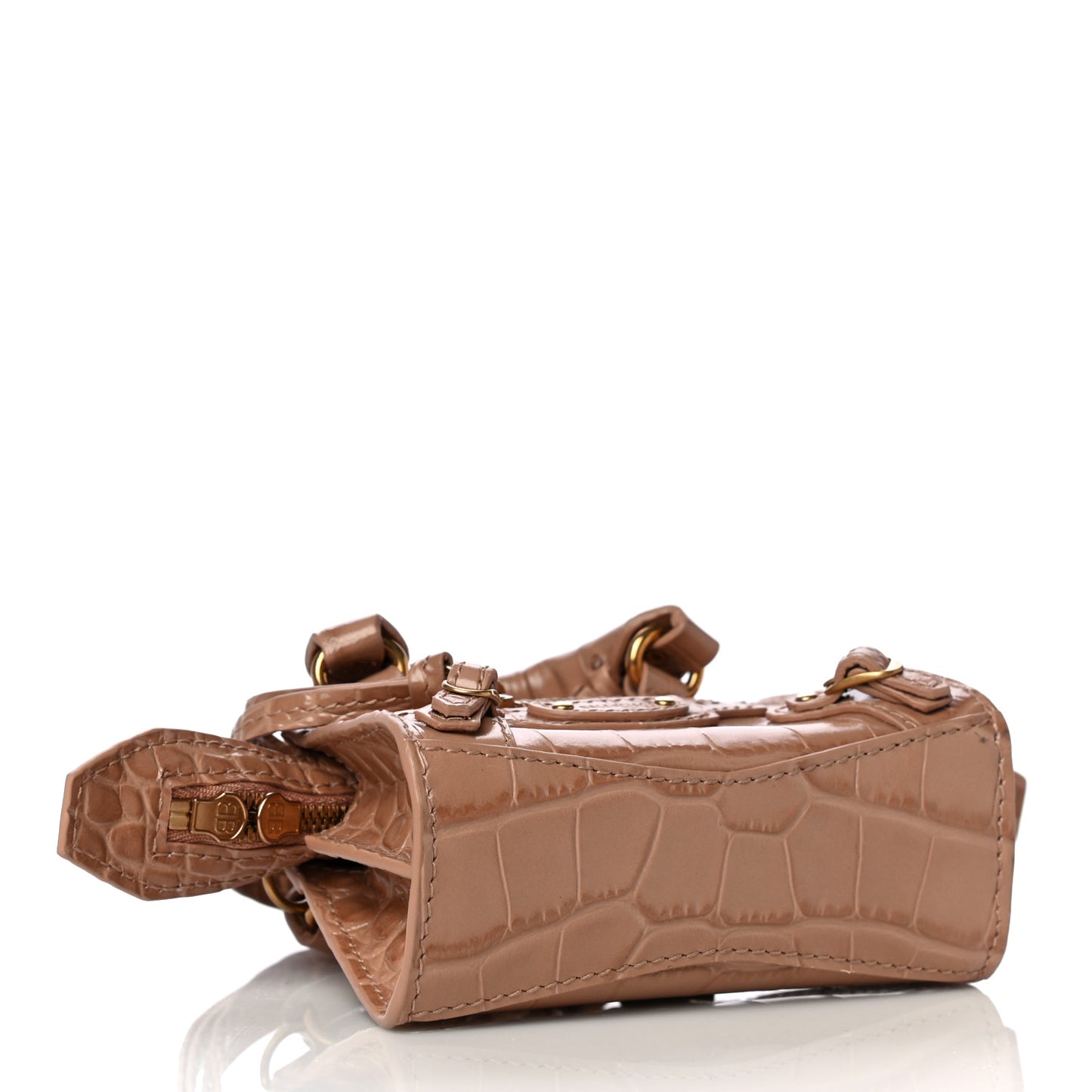 Shiny Supple Calfskin Crocodile Embossed Neo Classic Gold Hardware Super Nano City Crossbody Nude Beige