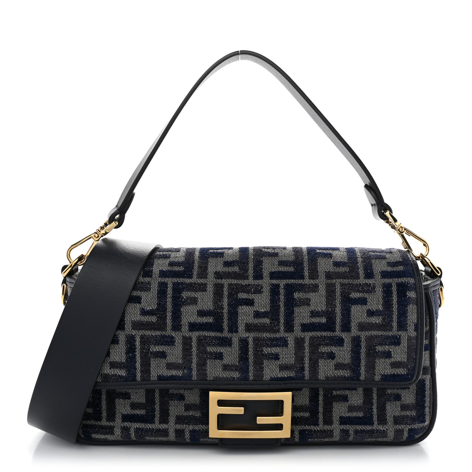Fendi Chenille FF Embroidered Baguette Dark Blue Grey 1 of 9