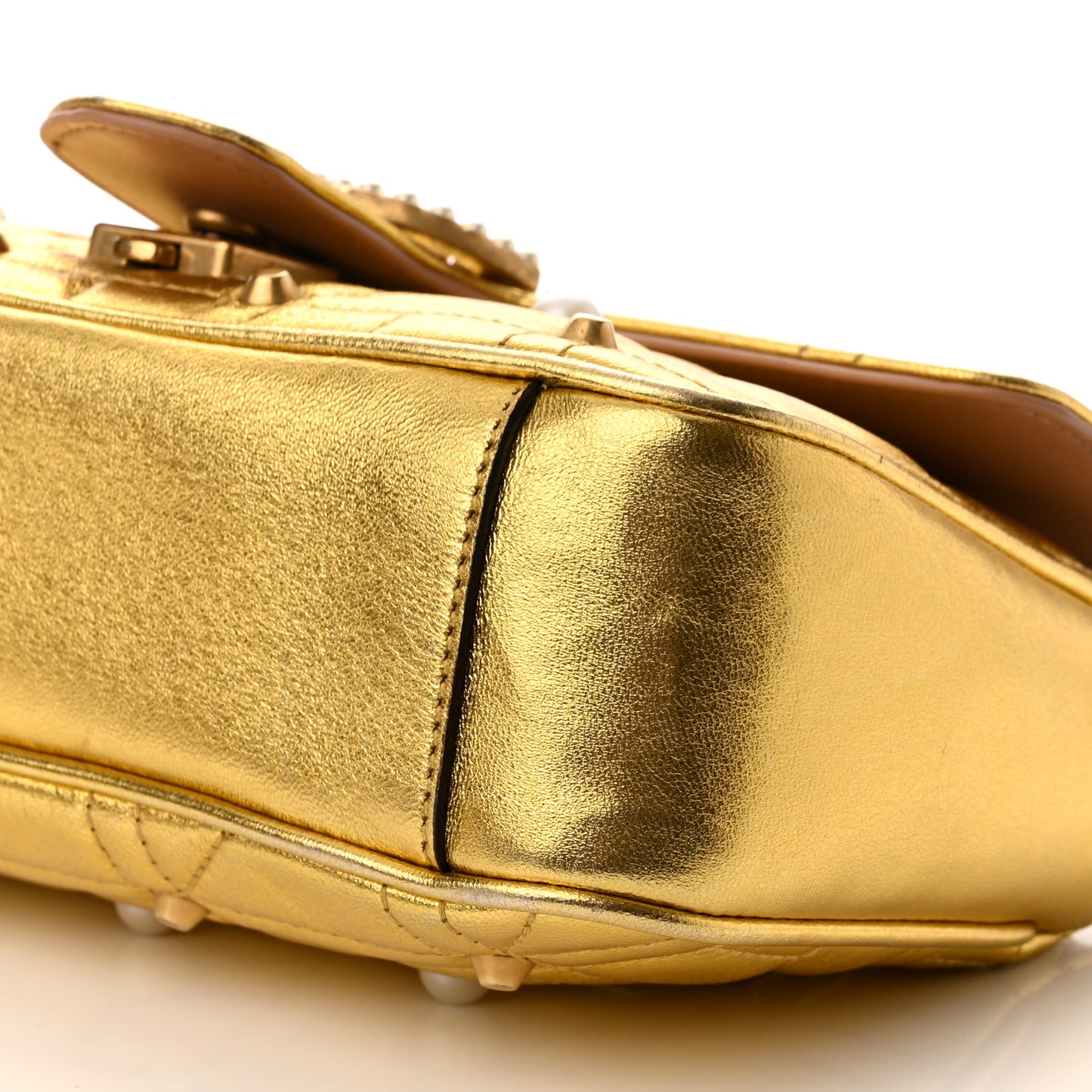 Metallic Calfskin Matelasse Studded Mini Pearly GG Marmont Shoulder Bag Gold