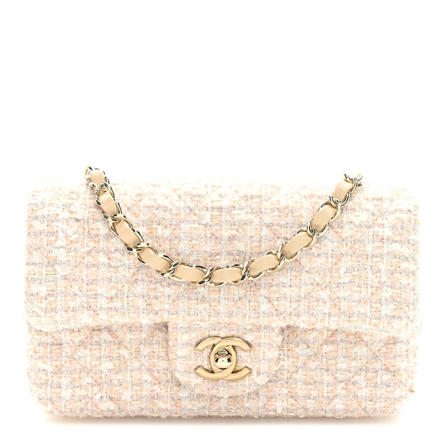 Tweed Quilted Mini Rectangular Flap Beige
