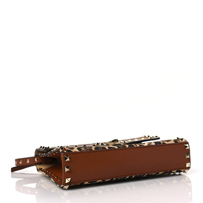 Valentino Garavani Calfskin Canvas Leopard Print Medium Rockstud Flip Lock Crossbody Bag Tan 4 of 8