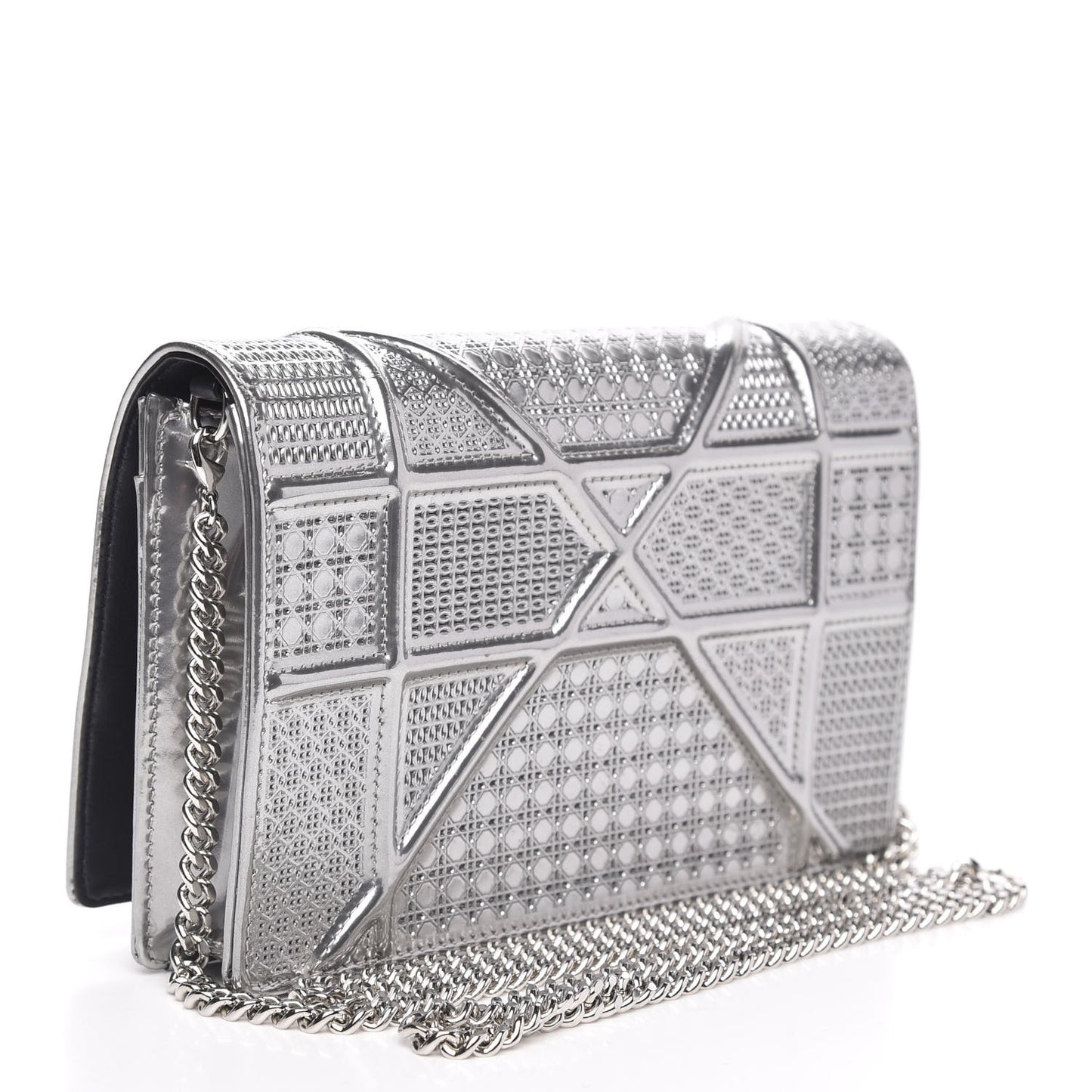 Metallic Patent Micro-Cannage Diorama Wallet on Chain Pouch Silver
