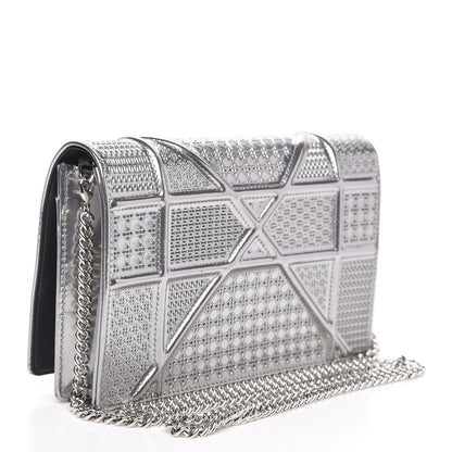 Christian Dior Metallic Patent Micro-Cannage Diorama Wallet on Chain Pouch Silver 3 of 9