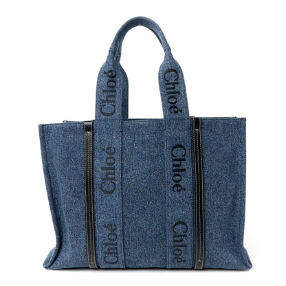 Chloe Denim Calfskin Large Woody Ribbon Tote Blue 1 of 10