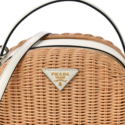 Prada Wicker Saffiano Midolino Odette Top Handle Bag Tan White 8 of 10