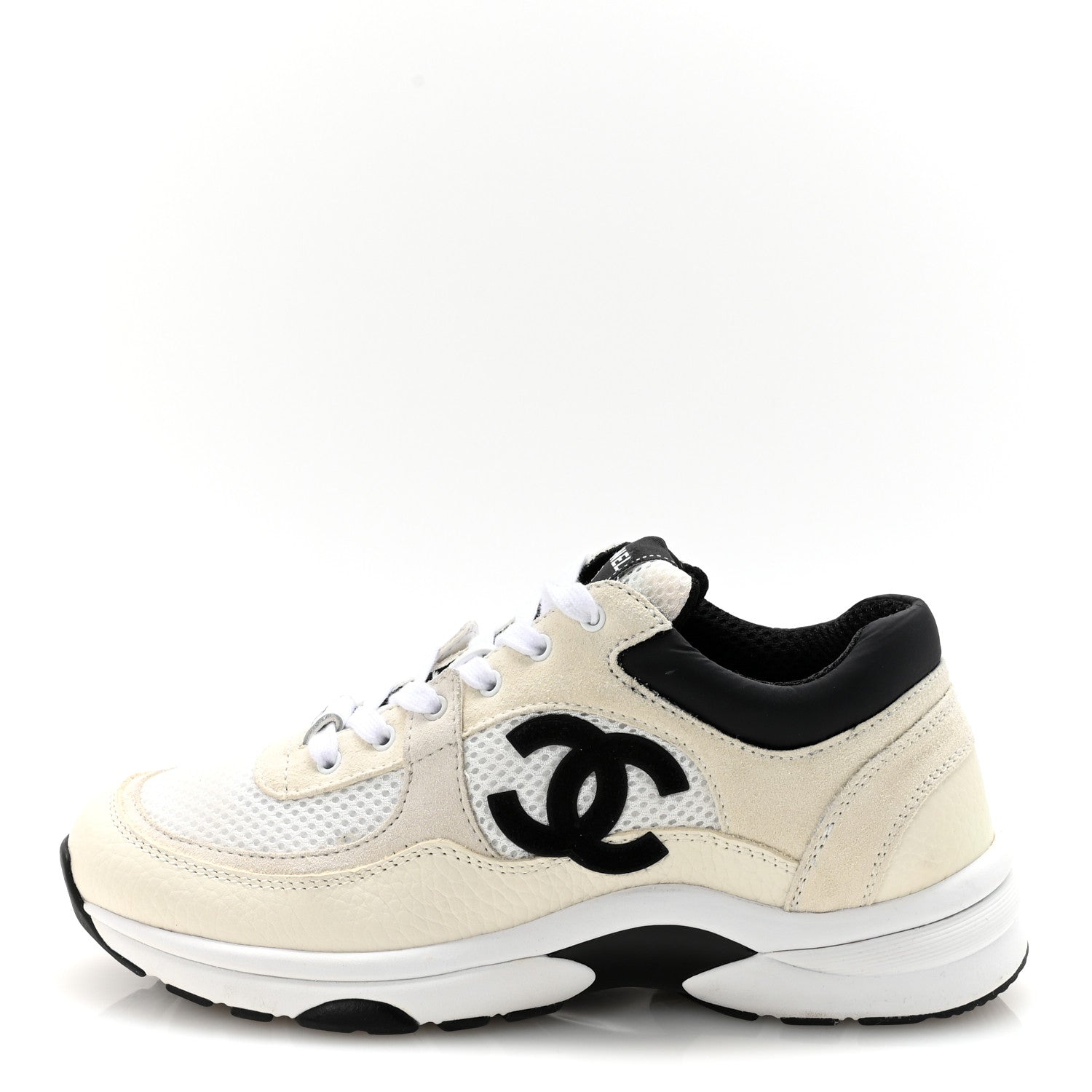 Chanel Mesh Suede Calfskin Grained Calfskin Womens CC Sneakers 37.5 White Black 1 of 10
