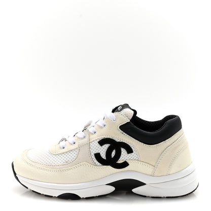 Chanel Mesh Suede Calfskin Grained Calfskin Womens CC Sneakers 37.5 White Black 1 of 10