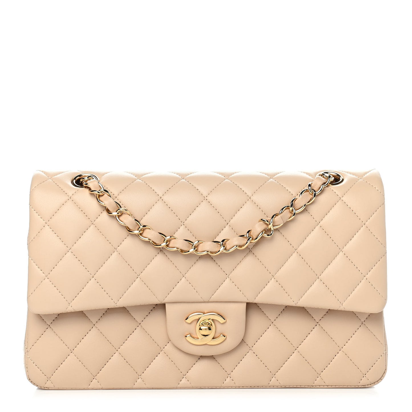 Lambskin Quilted Medium Double Flap Beige