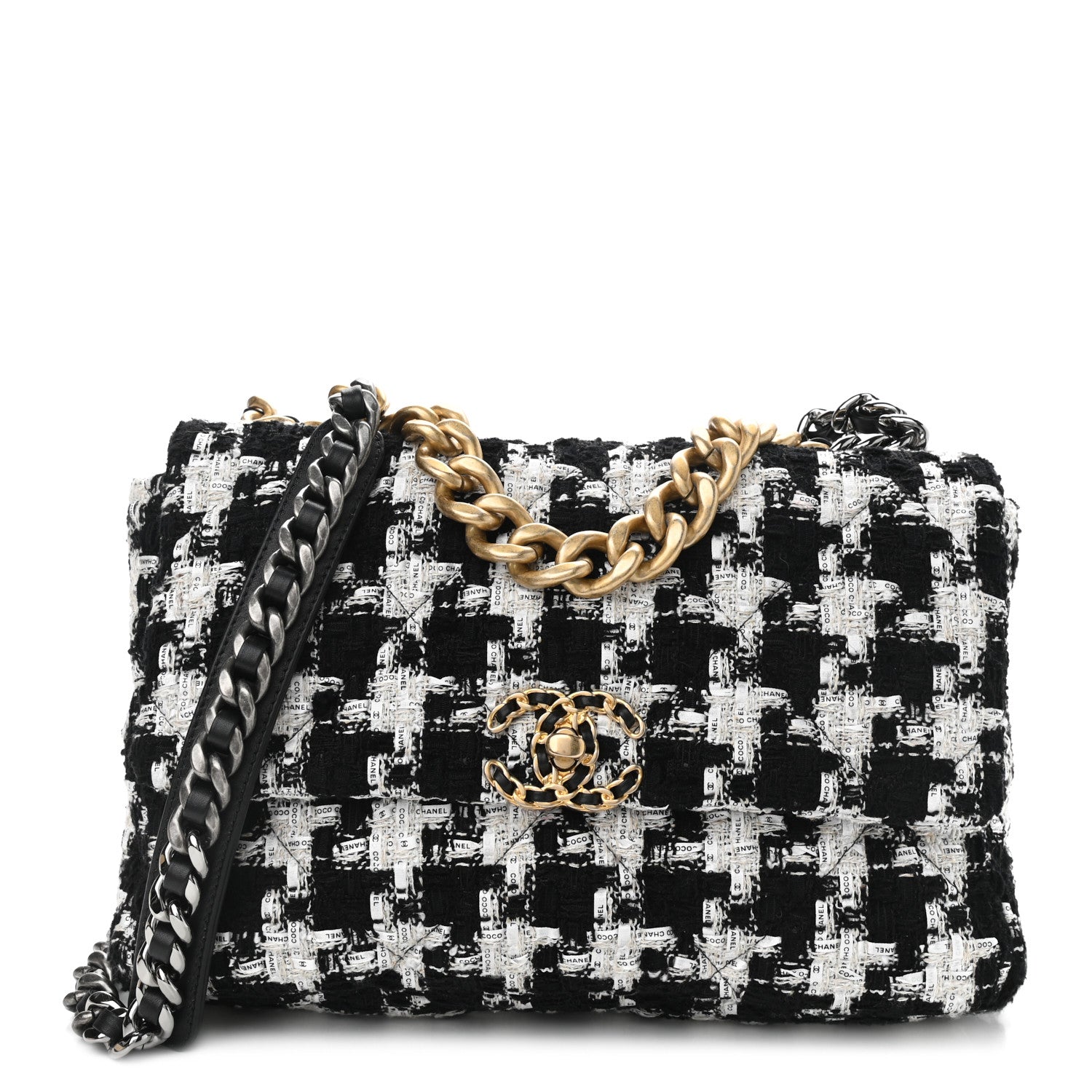 Chanel Tweed Quilted Large Chanel 19 Flap Black Ecru White 1 of 10