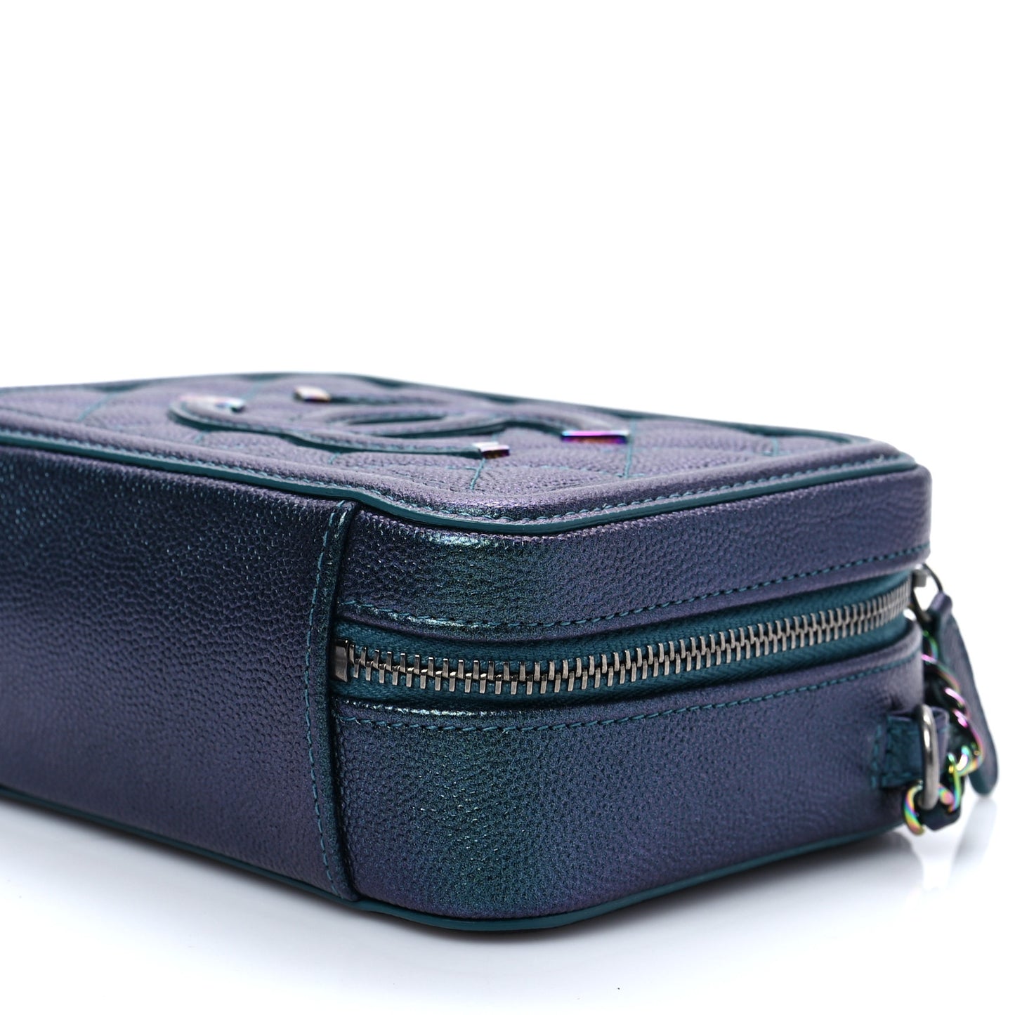 Iridescent Caviar Quilted Vanity Clutch With Chain Dark Turquoise