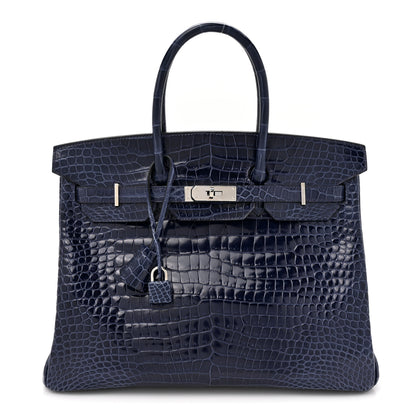 Hermes Shiny Porosus Crocodile Horseshoe Birkin 35 Bleu Electrique Black 1 of 14