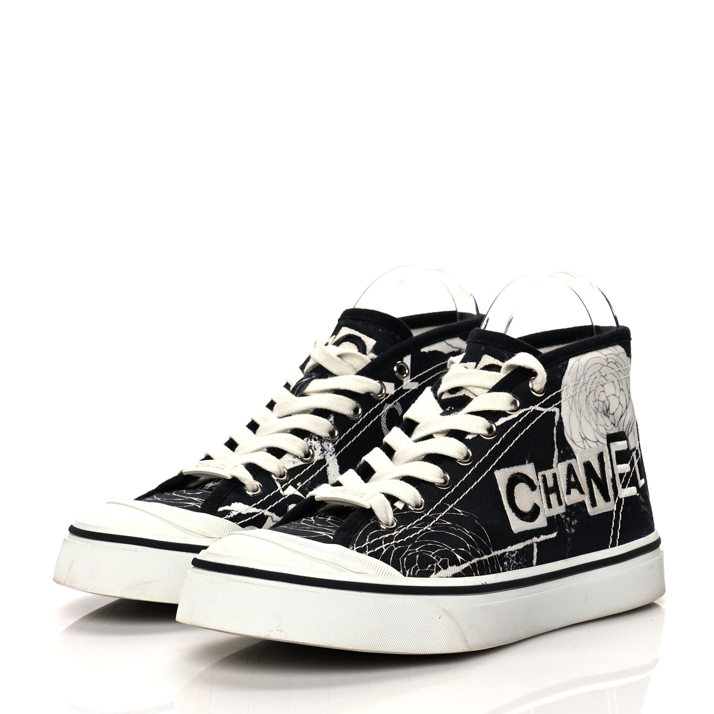 Printed Fabric High Top Logo Sneakers 37 White Black
