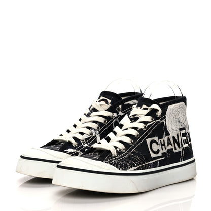 Chanel Printed Fabric High Top Logo Sneakers 37 White Black 3 of 10