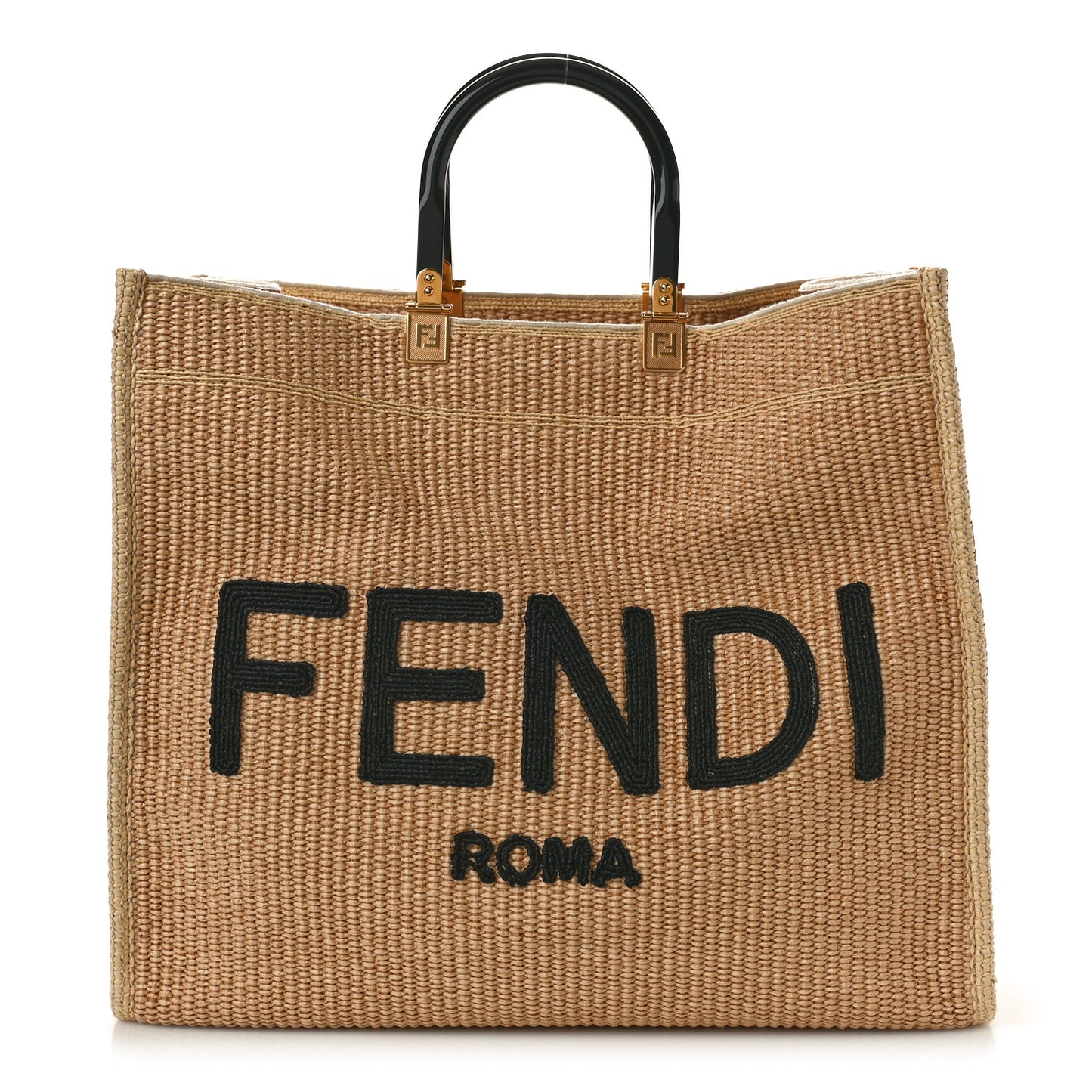 Straw Vitello King Plexiglass Woven Large Fendi Sunshine Shopper Tote Natural Black