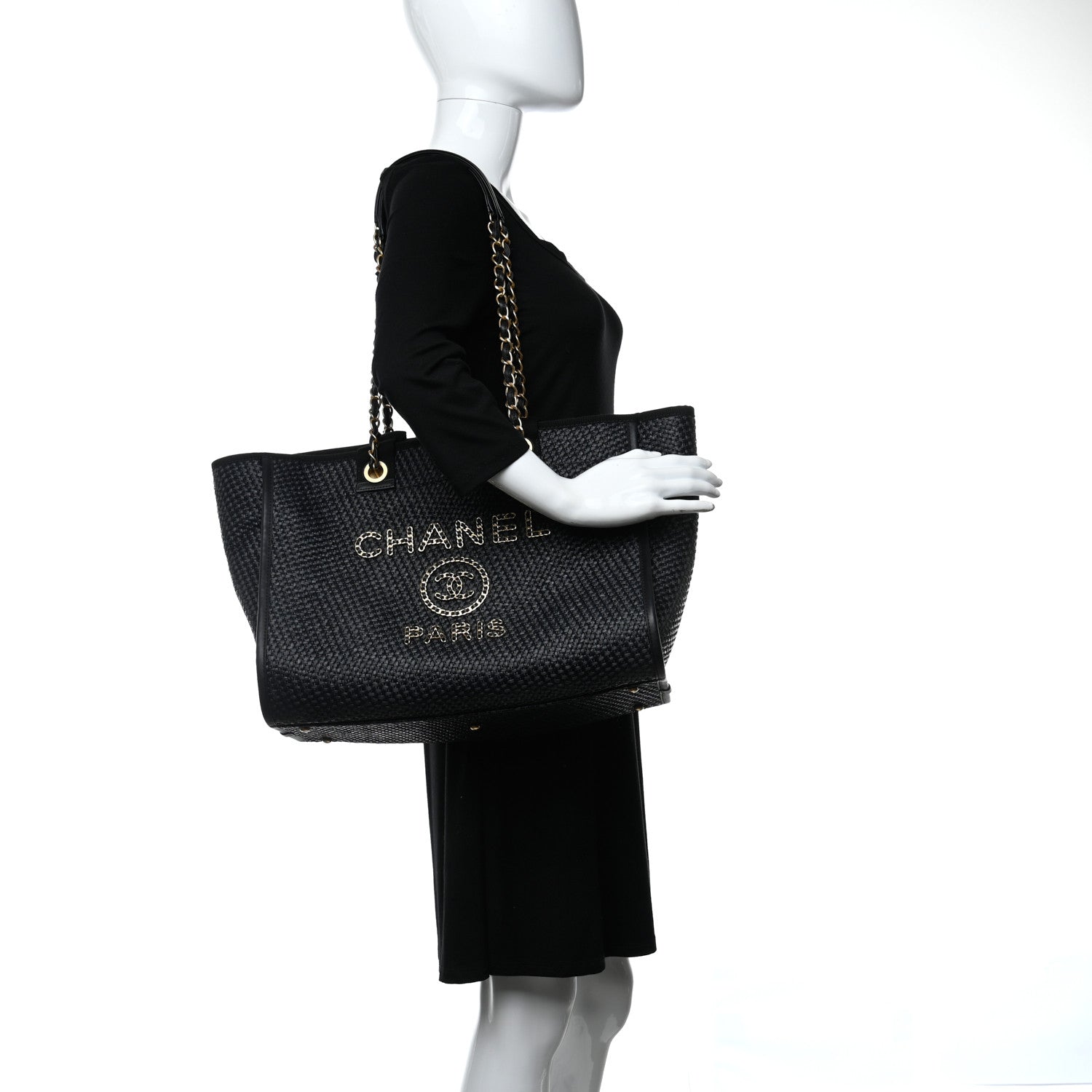 Chanel Straw Raffia Calfskin Chain Medium Deauville Tote Black 2 of 11
