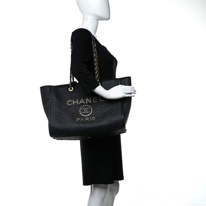 Chanel Straw Raffia Calfskin Chain Medium Deauville Tote Black 2 of 11