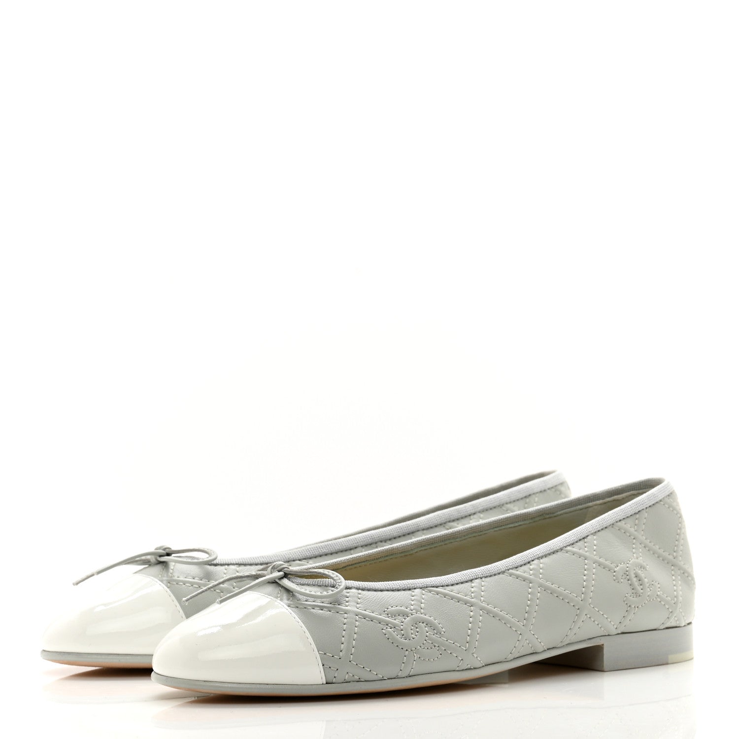 Chanel Lambskin Patent Double Stitched CC Cap Toe Ballerina Flats 37.5 Grey 3 of 9